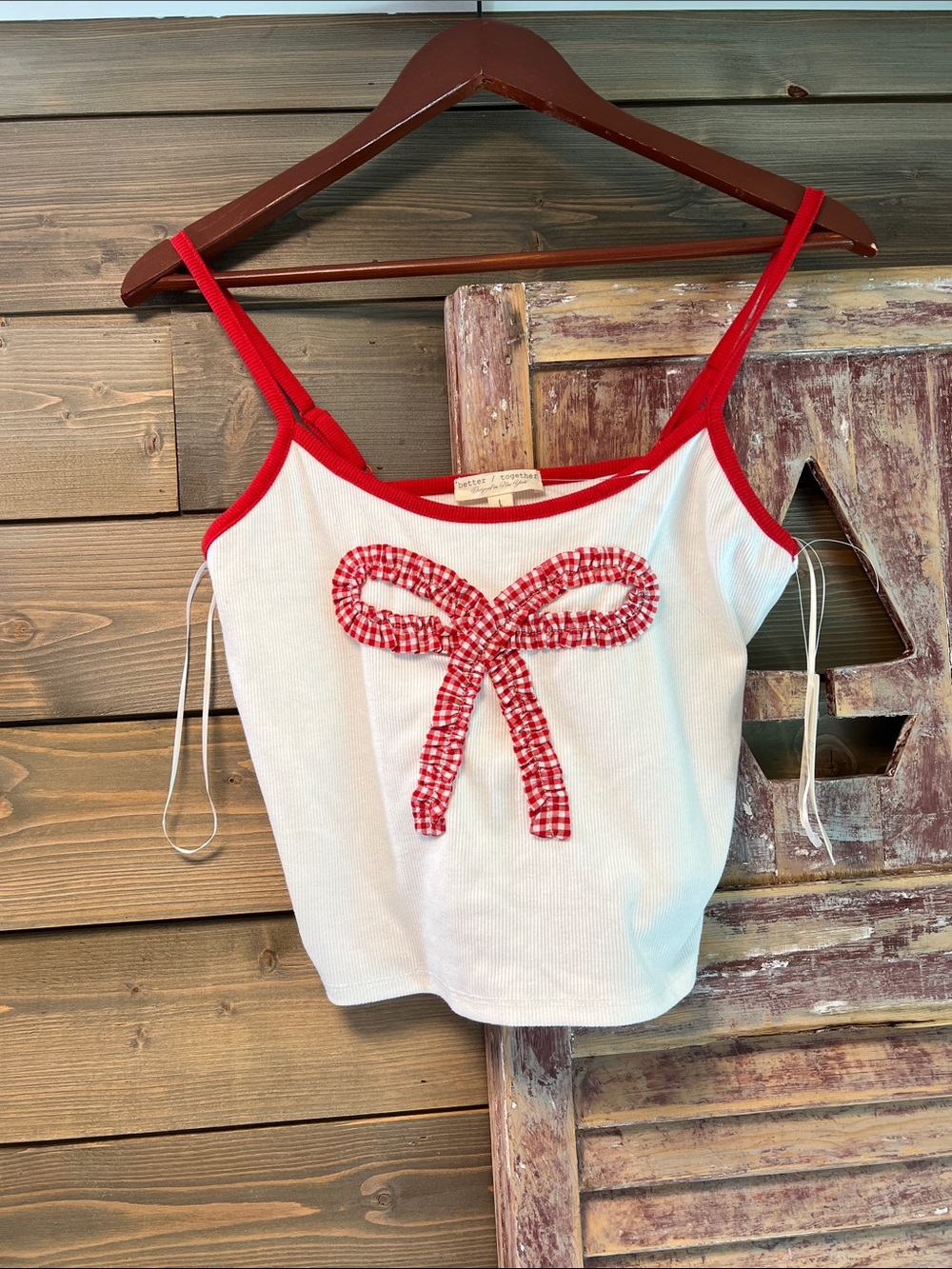 White & Red Bow Trim Ribbed Cami Top NWT